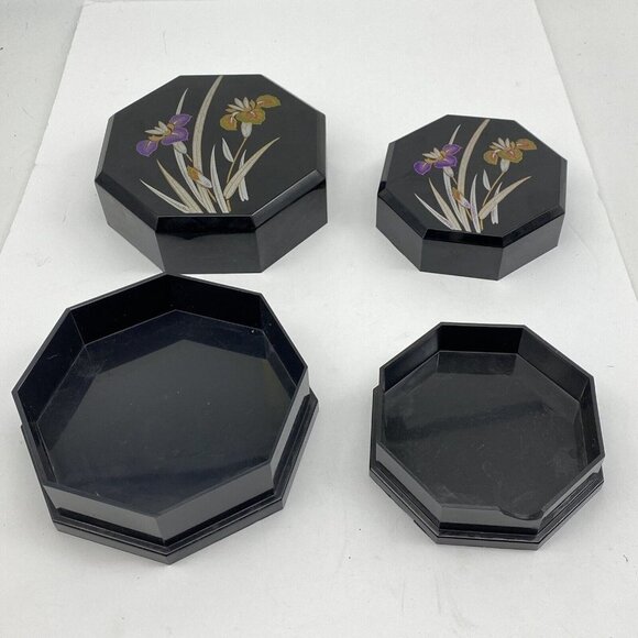 VTG Yamanaka Japan Jewelry Trinket 2pc Nesting Boxes Black Lacquerware Floral - Picture 4 of 12